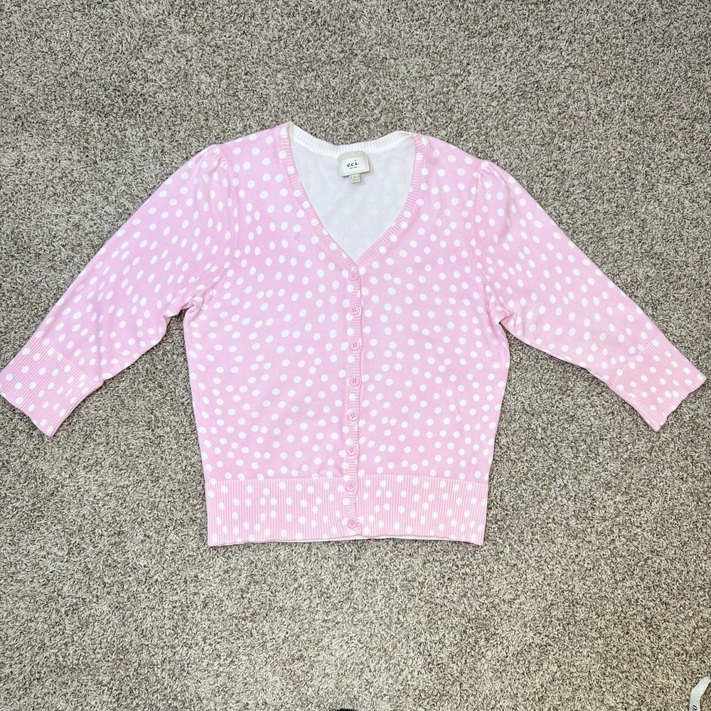 ECI New York XL Pink White Polka Dot Cardigan Sweater Cotton V-Neck 3/4 Sleeve